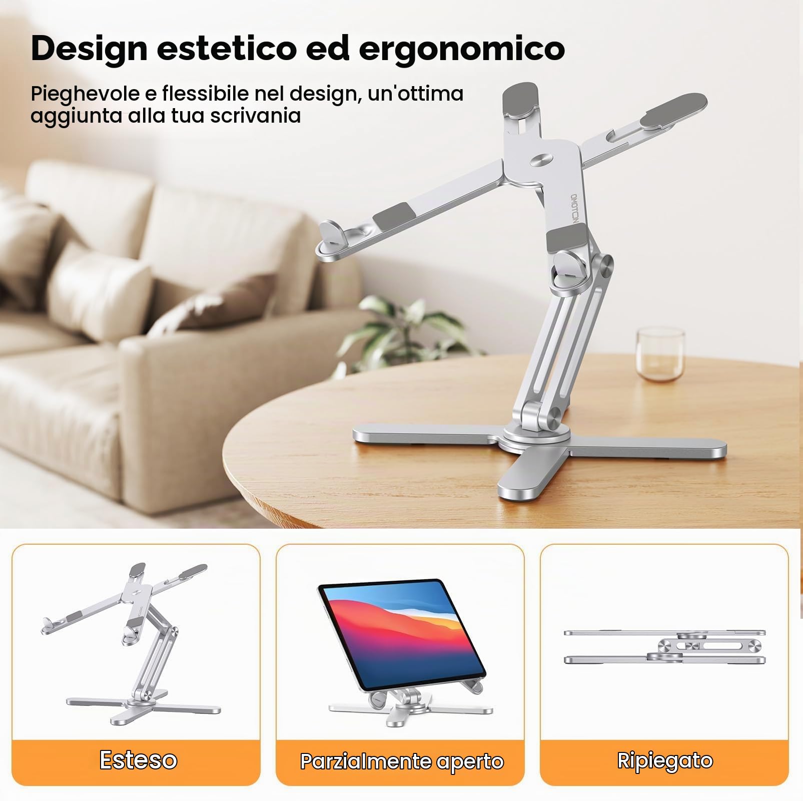 OMOTON Supporto pieghevole per computer portatile con base rotante a 360°, supporto ergonomico per laptop per lavoro collaborativo, adatto a tutti i laptop fino a 16", argento