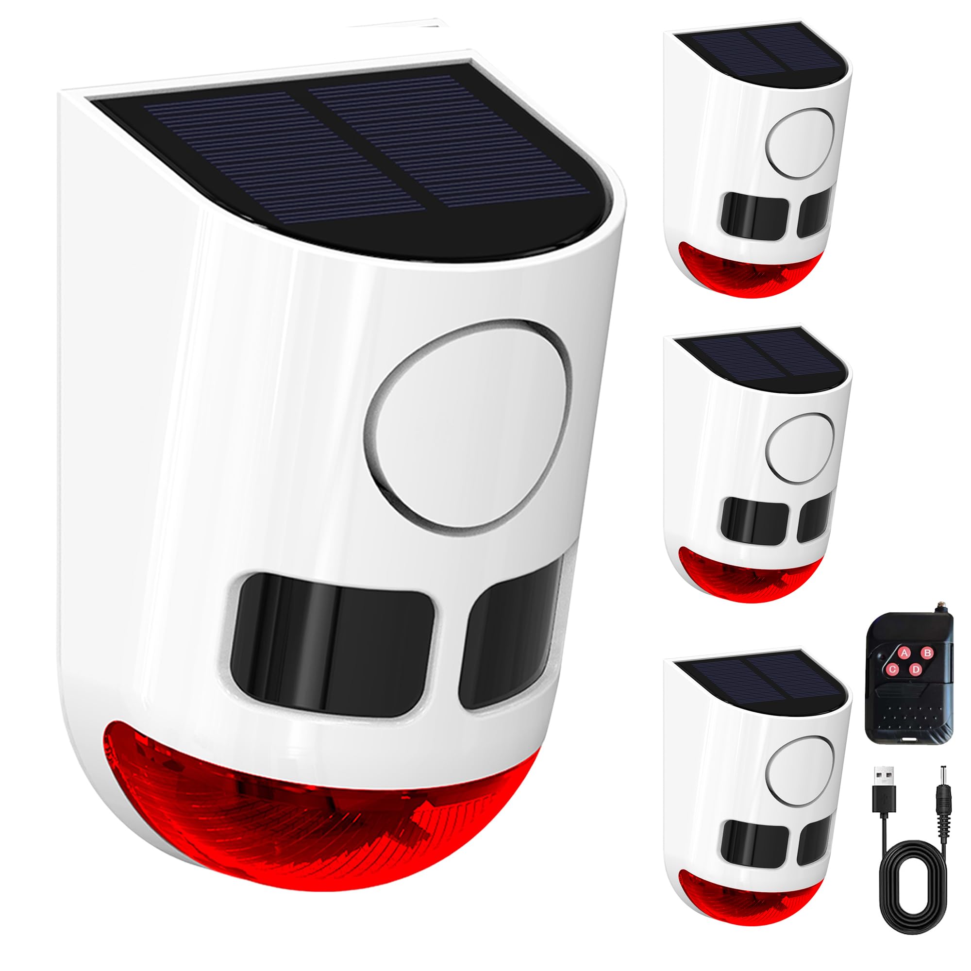 Solar Outdoor Bewegungsmelder Alarm-110db Lauter Geräuschemacher, 4 Arbeitsmodi Stroboskoplicht mit USB für Zuhause, Villa, Hof, Hühnerstall, Bauernhof, Scheune 4 PCS