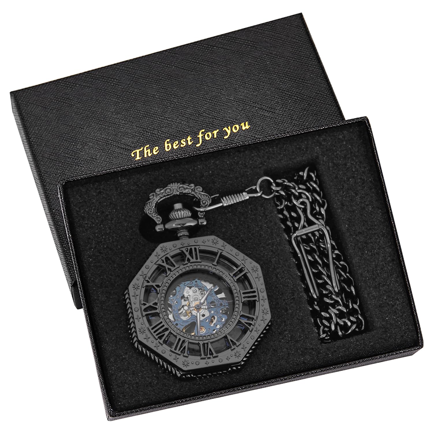 Tiong Reloj de bolsillo mecánico octogonal con diseño de cubierta romana negra, movimiento mecánico para hombre, esfera de números romanos, reloj de bolsillo de apertura única, PWM26, Moda