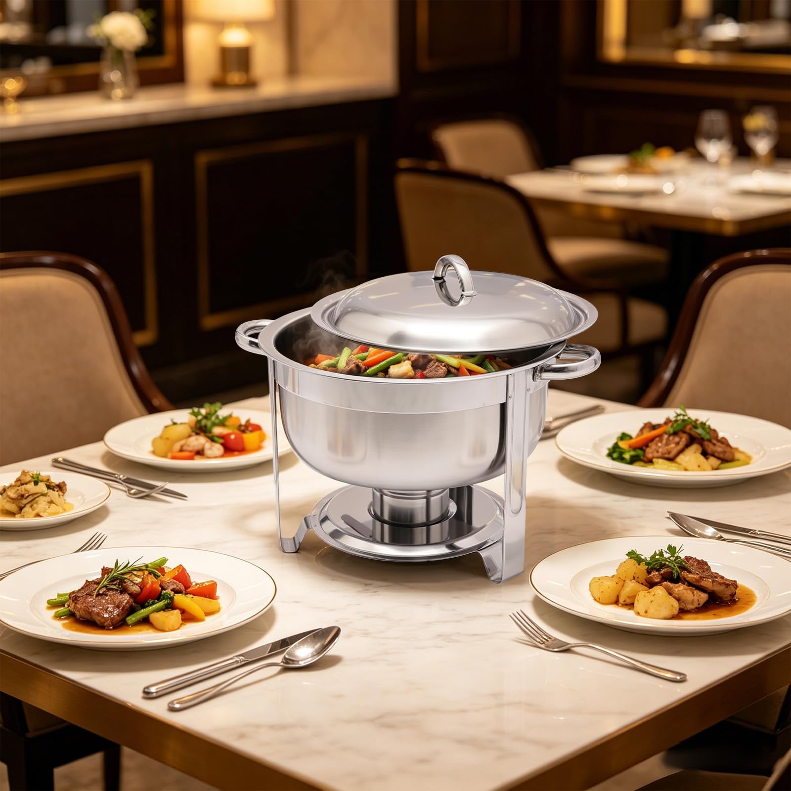 Contenitore termico per alimenti, per alimenti, scaldavivande, buffet, pasta combustibile, piastra per barbecue, contenitore elettrico in acciaio inox, 5 l, rotondo