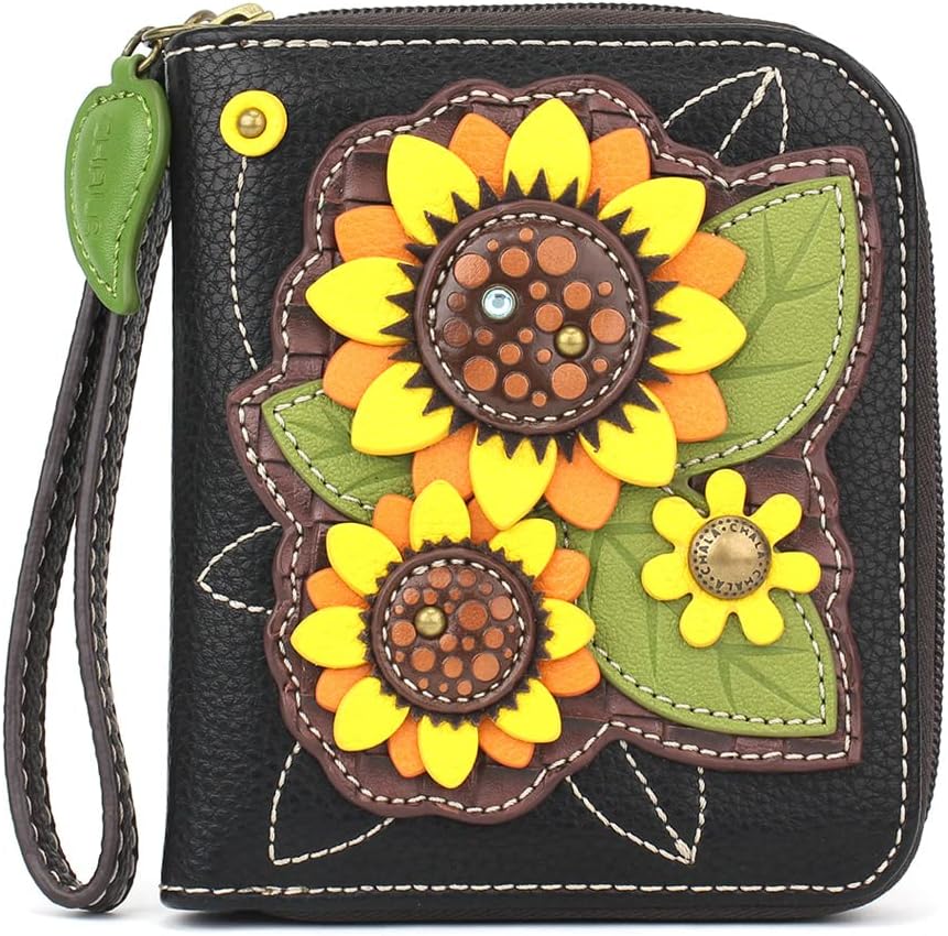 CHALA Zip Around Wallet, Wristlet, 8 Credit Card Slots, Sturdy Pu Leather - Sunflower Group - Black