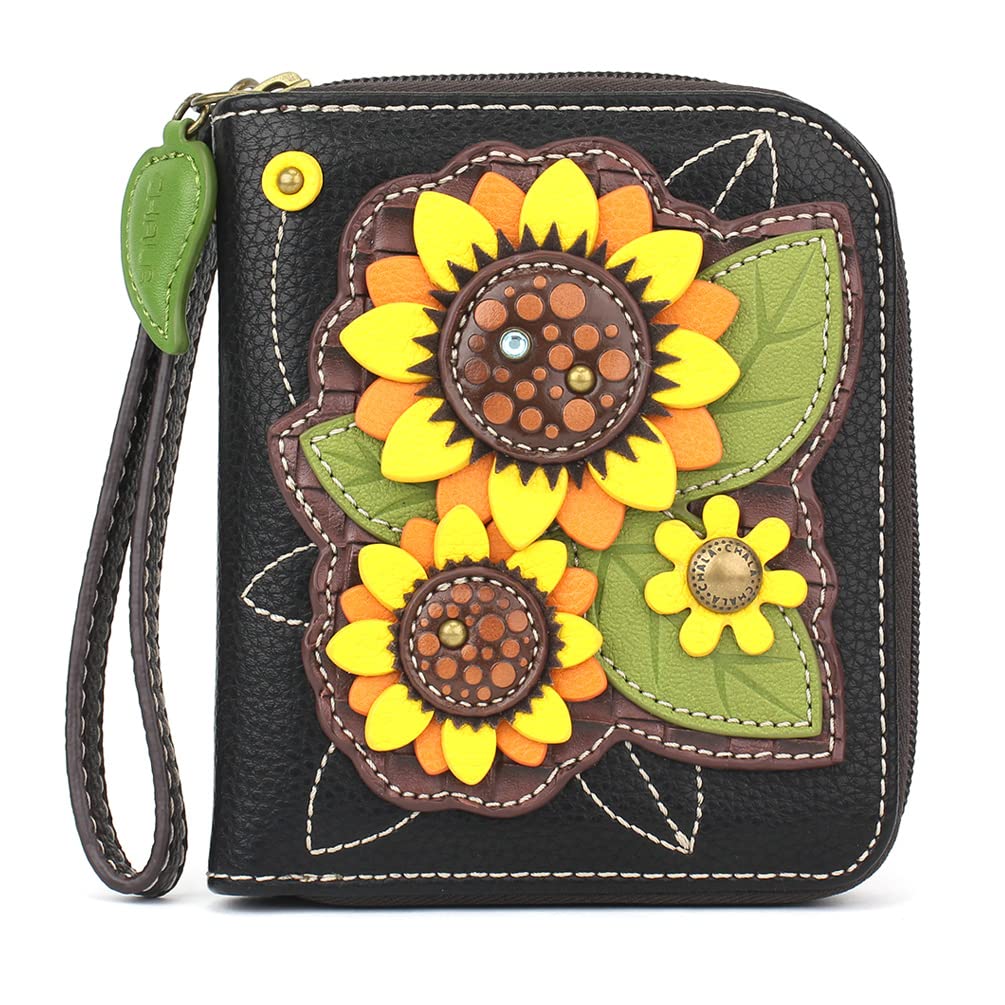 CHALAZip Around Wallet, Wristlet, 8 Credit Card Slots, Sturdy Pu Leather - Sunflower Group - Black One Size, Sunflower Group - Black, ONE SIZE, Wallet