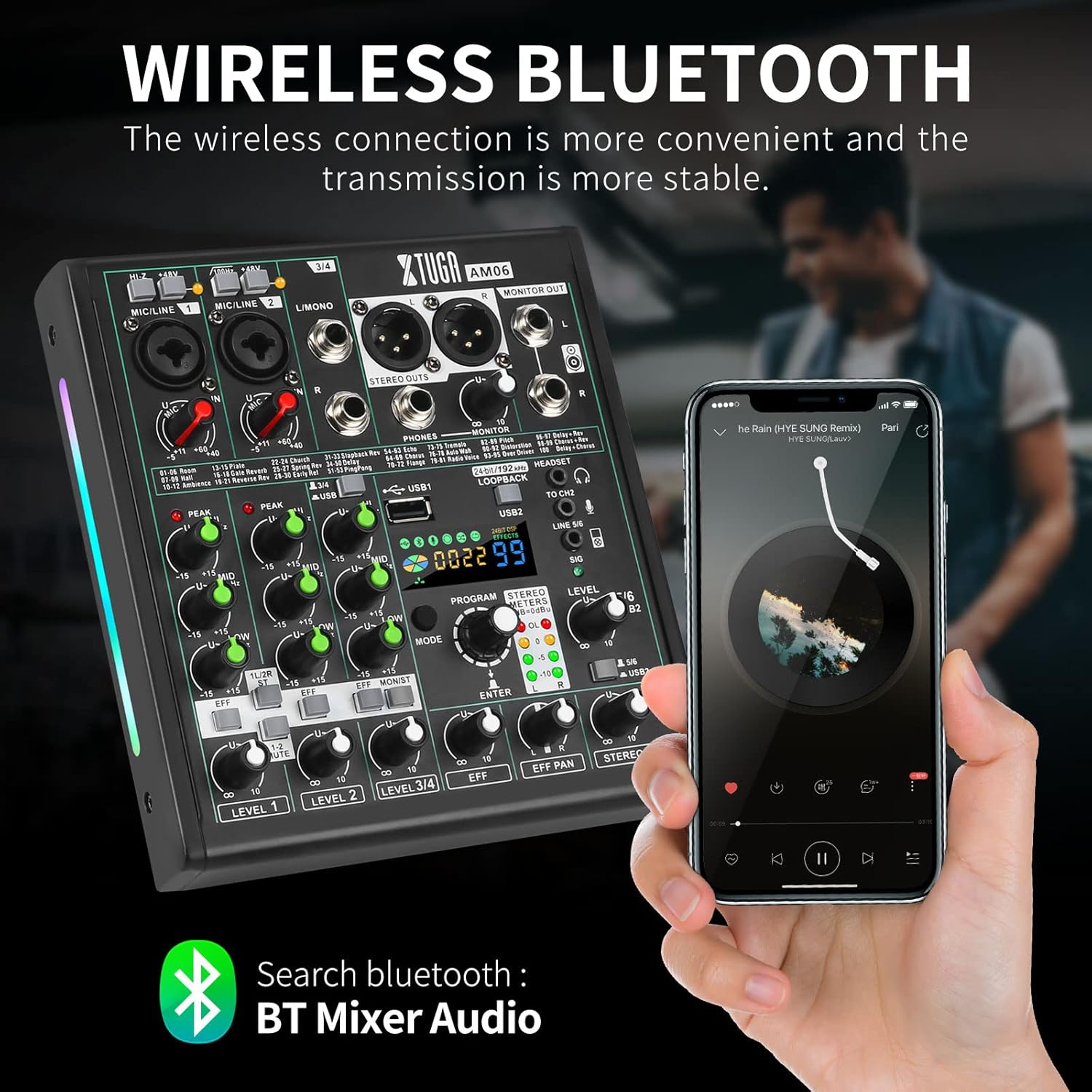 XTUGA AM06 Audio Mixer DJ Mixing Board, 6 Channel Mixer with OTG 48V Phantom Power, Bluetooth Mixer USB Interface Recording for Studio, Live Streaming and Stage Performance