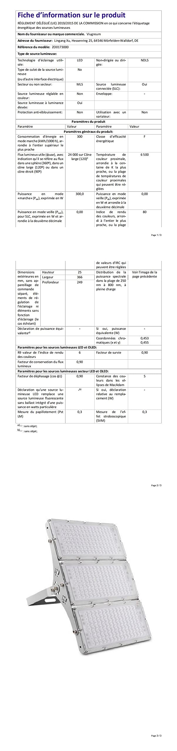Viugreum Projecteur LED 300 W Étanche IP66 Avec 315 LED lumineuses blanc froid (30 000 lm) Aspect aluminium