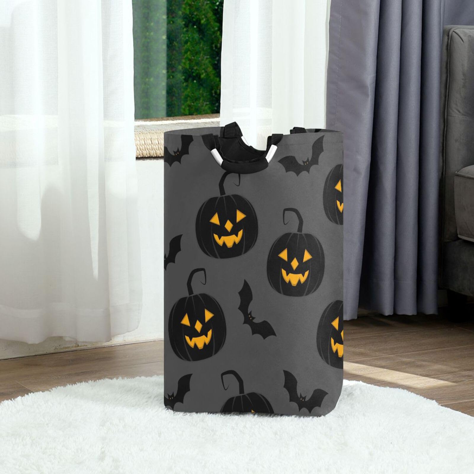 Jihqo Laundry Hamper Basket Halloween Pumpkin Bat Black Collapsible Nursery Storage Bin Waterproof Clothing Baskets for Home Bedroom Bathroom Washing Room