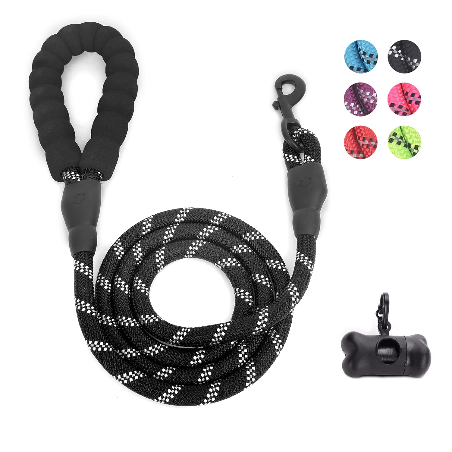 Furdreams 1.5m (5ft) Slip-On Dog Lead - One-Size-Fits-All Leash with Soft Padded Handle & Highly Reflective Threads - Durable & Weather Resistant Climbers Rope for Dogs - Waste bag dispenser included