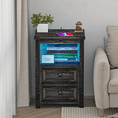 Miniatura 6 de Wodeer Mesita de noche LED con estación de carga, mesa auxiliar de granja con 2 cajones de almacenamiento y puertos USB y tomas, mesita de noche