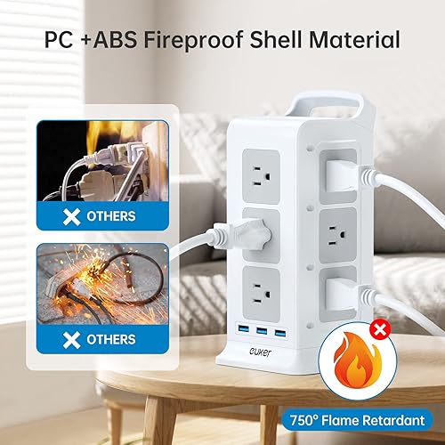 Miniatura 4 de Torre de regleta de alimentación con puertos USB C de 1875 W15 A torre protectora de sobretensiones con 12 salidas de CA y 3 puertos USB estación de