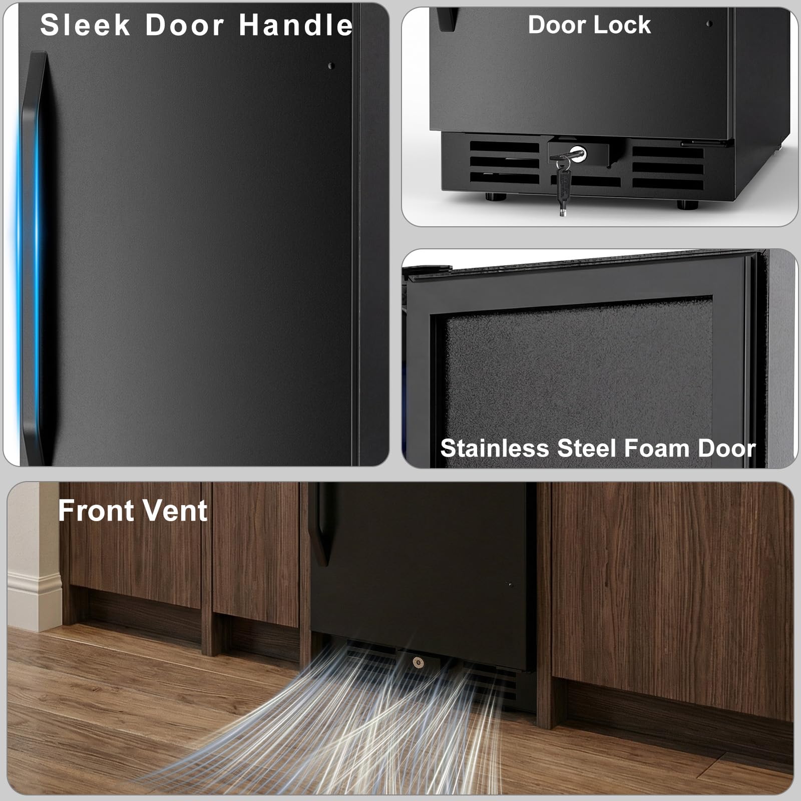 Velieta 15 Inch Beverage Cooler, 127-Can Stainless Steel Drink Refrigerator With Reversible Door, Built-In Or Freestanding Mini Fridge With Blue LED Light, Lock And Key For Indoor Outdoor Use, Black on Fridge.com - View 5