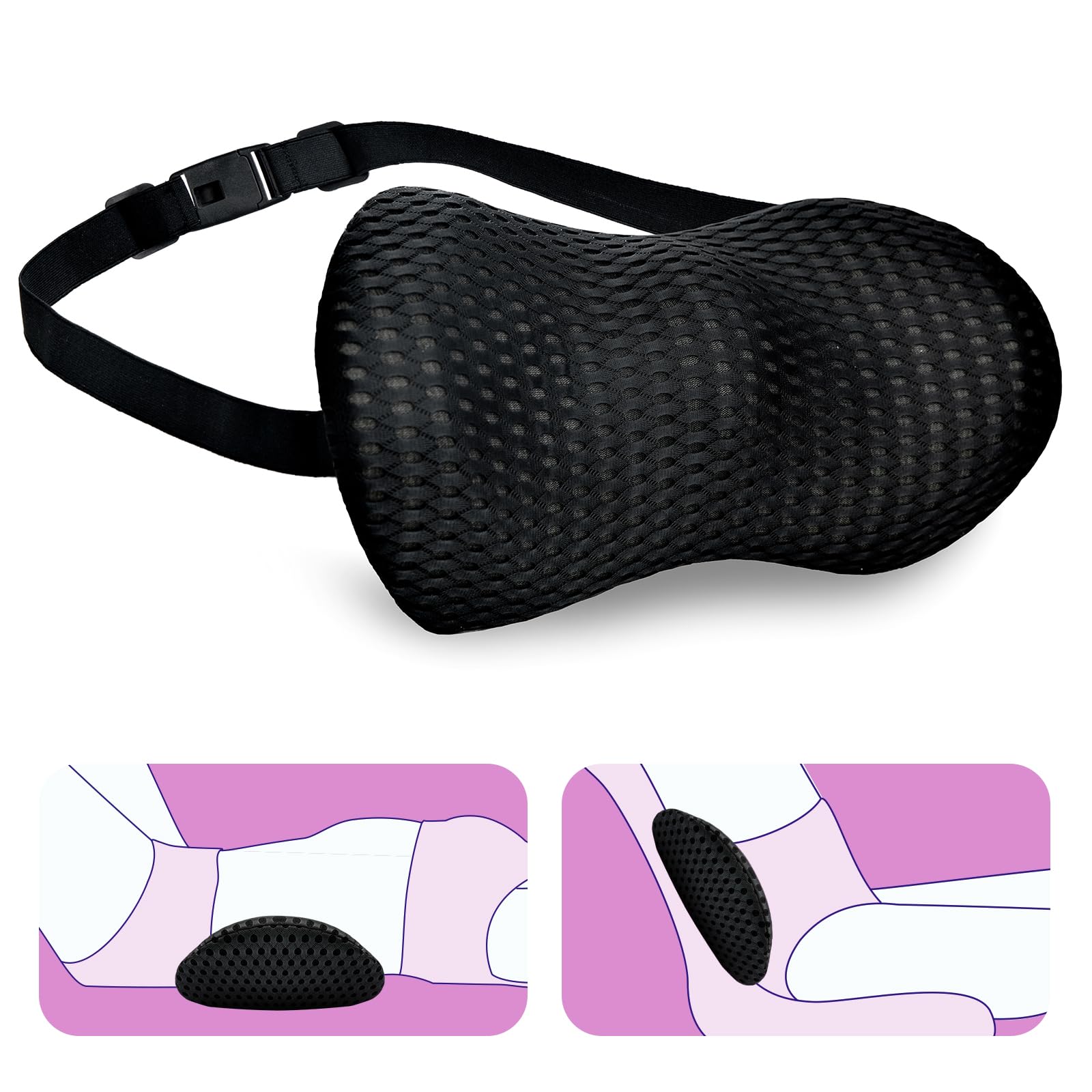 Lumbar Support Pillow - Memory Foam for Low Back Pain Relief, Ergonomic Streamline Car Seat, Office Chair, Recliner and Bed (Upgrade Black)