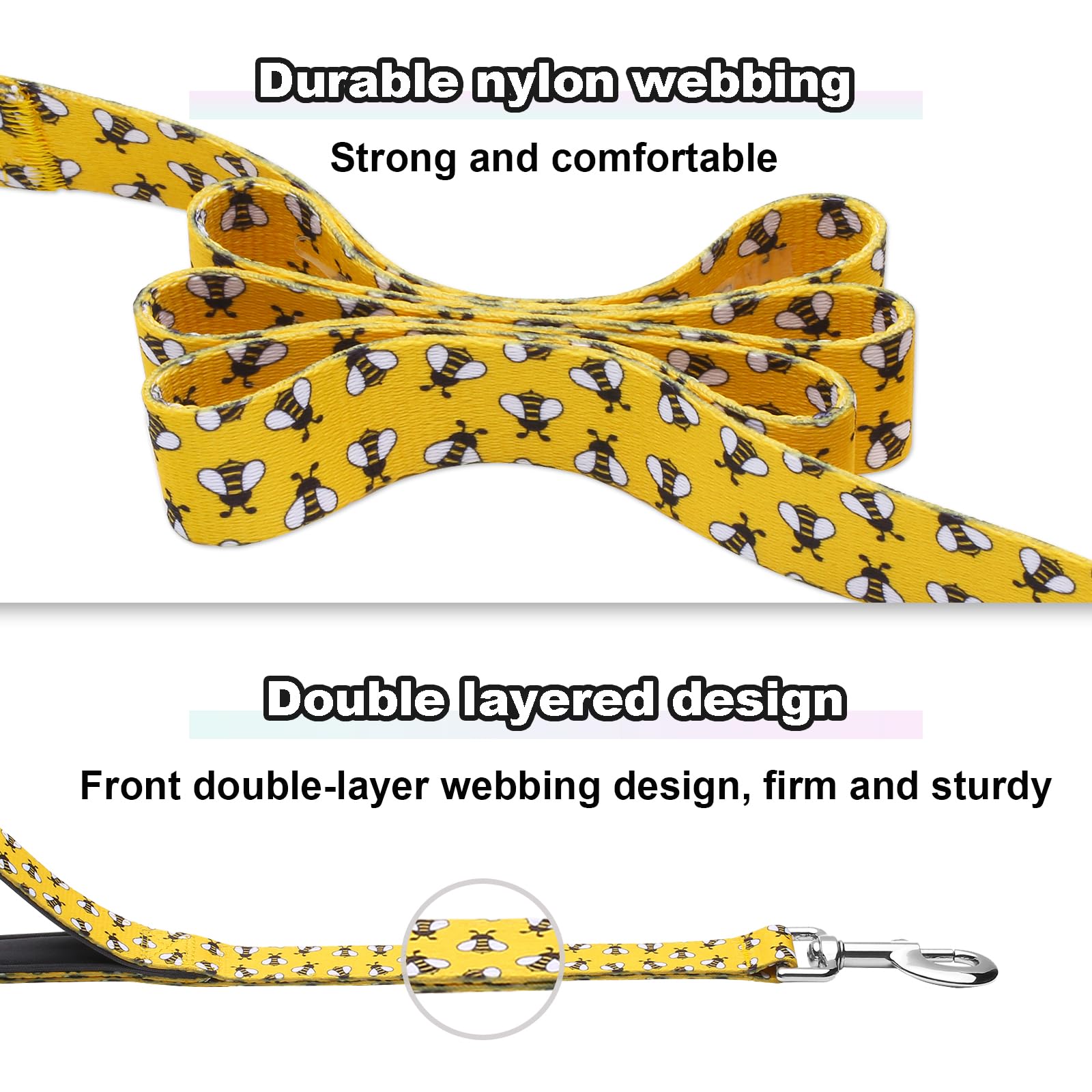 Hundeleine mit zwei gepolsterten Griffen, strapazierfähige, starke Nylon-Hundeleine mit weichem Neoprengriff für kleine, mittelgroße und große Hunde, gelbe Biene