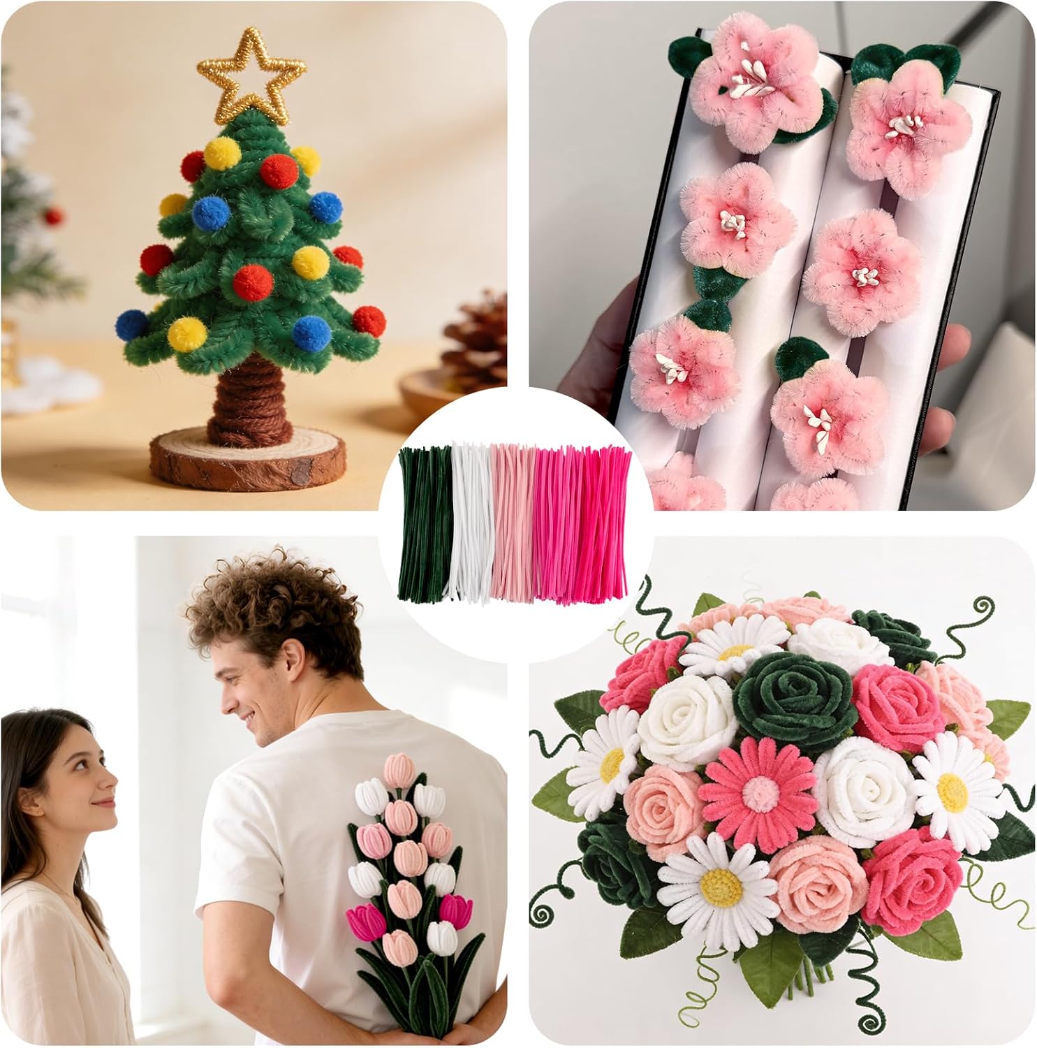 500 Pcs Tulip Flower Colored Pipe Cleaner Craft Set,5 Colors Thick Fluffy Pastel Chenille Stems Flower Making Kit for DIY Craft Projects,Creative Decorations,Floral Arrangements