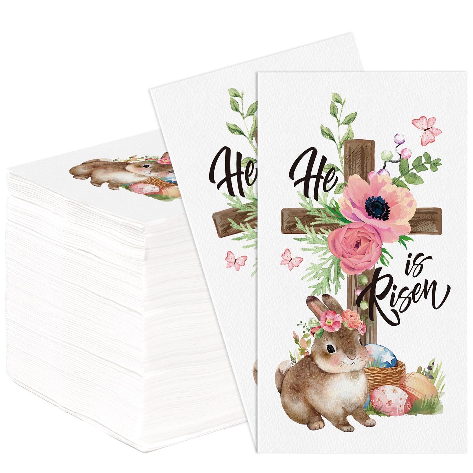 Photo 1 of 100Pcs He is Risen Napkins Disposable Easter Paper Napkins, Religious Bunny Cross Egg Flowers Spring Guest Napkins Hand Towels for Easter Decorative Dinner Kitchen Bathroom Home Party Supplies
