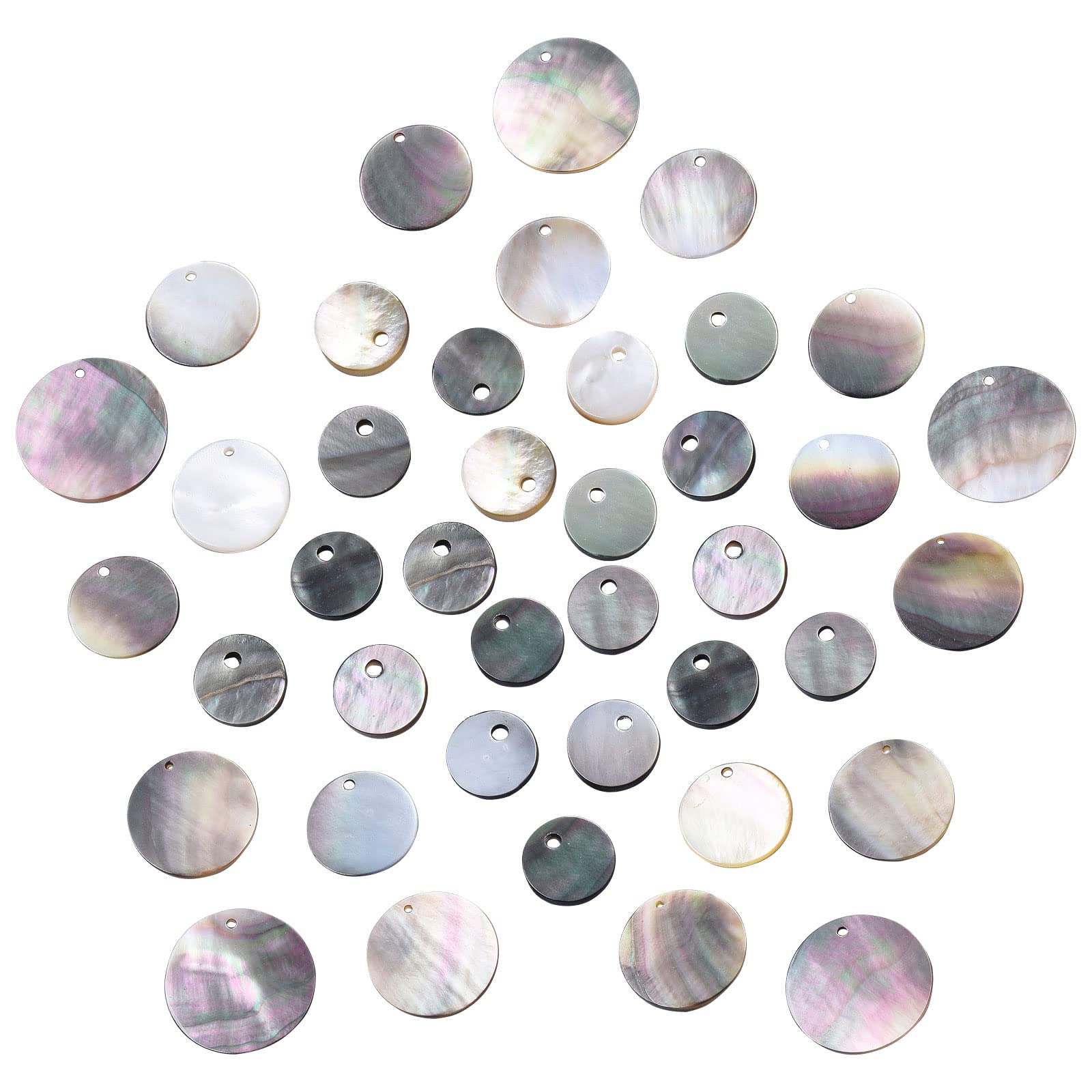 SUNNYCLUE 1 Box 40Pcs 4 Sizes Shell Charm Flat Round Natural Black Lip Seashell Pendants Disc Coin Beads Ocean Beach Hawaii Style for Jewelry Making Charms DIY Bracelets Findings Accessory