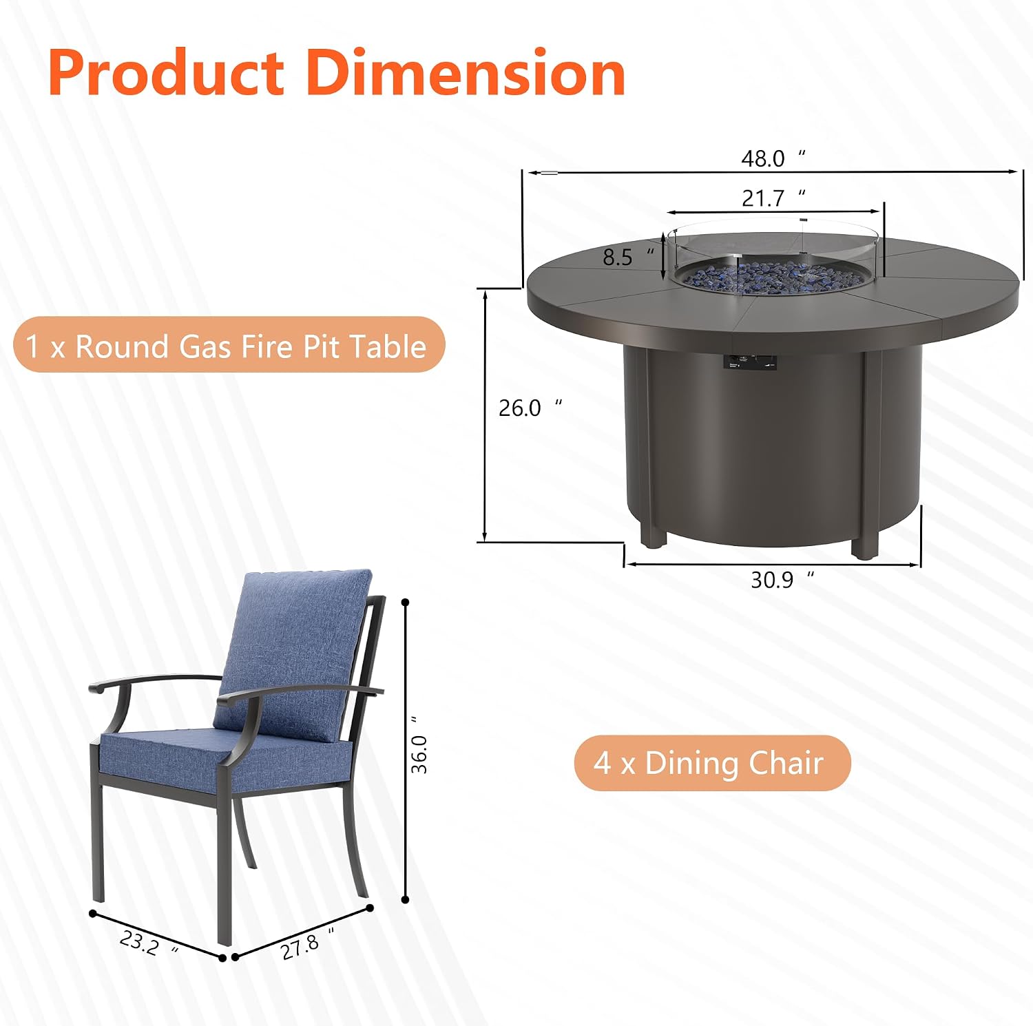 5 Pieces Outdoor Patio Furniture Set with 48" Round Propane Fire Pit Table,Patio Dining Set Outdoor Conversation Sets 4 Chairs for Deck,Backyard and Garden,Dark Blue