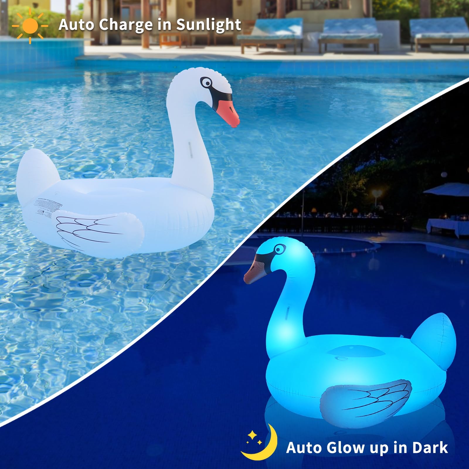 Flotteurs gonflables en forme de cygne avec lumières LED solaires pour adultes, bouées de natation gonflables, porte-gobelet, flotteurs de plage, lac, décoration de fête, relaxation, blanc