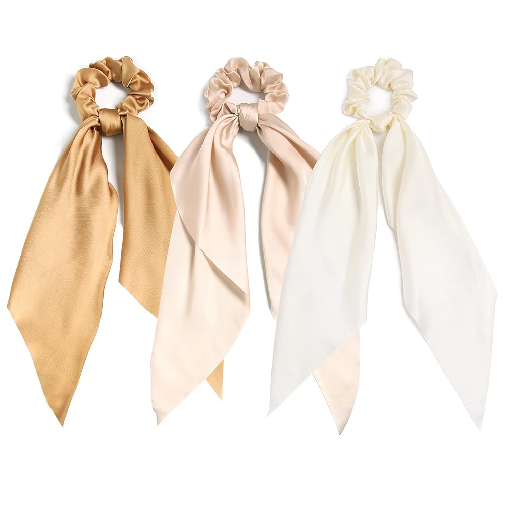 LFOUVRE 3PCS Hair Scarf Scruncheis for Women Knotted Bow Hair Ties Elastic Bands Satin Hair Ribbon Scrunchy Red Ponytail Holder for Women and Girls (Camel Apricot Ivory)