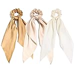 LFOUVRE 3PCS Hair Scarf Scruncheis for Women Knotted Bow Hair Ties Elastic Bands Satin Hair Ribbon Scrunchy Red Ponytail Holder for Women and Girls (Camel Apricot Ivory)
