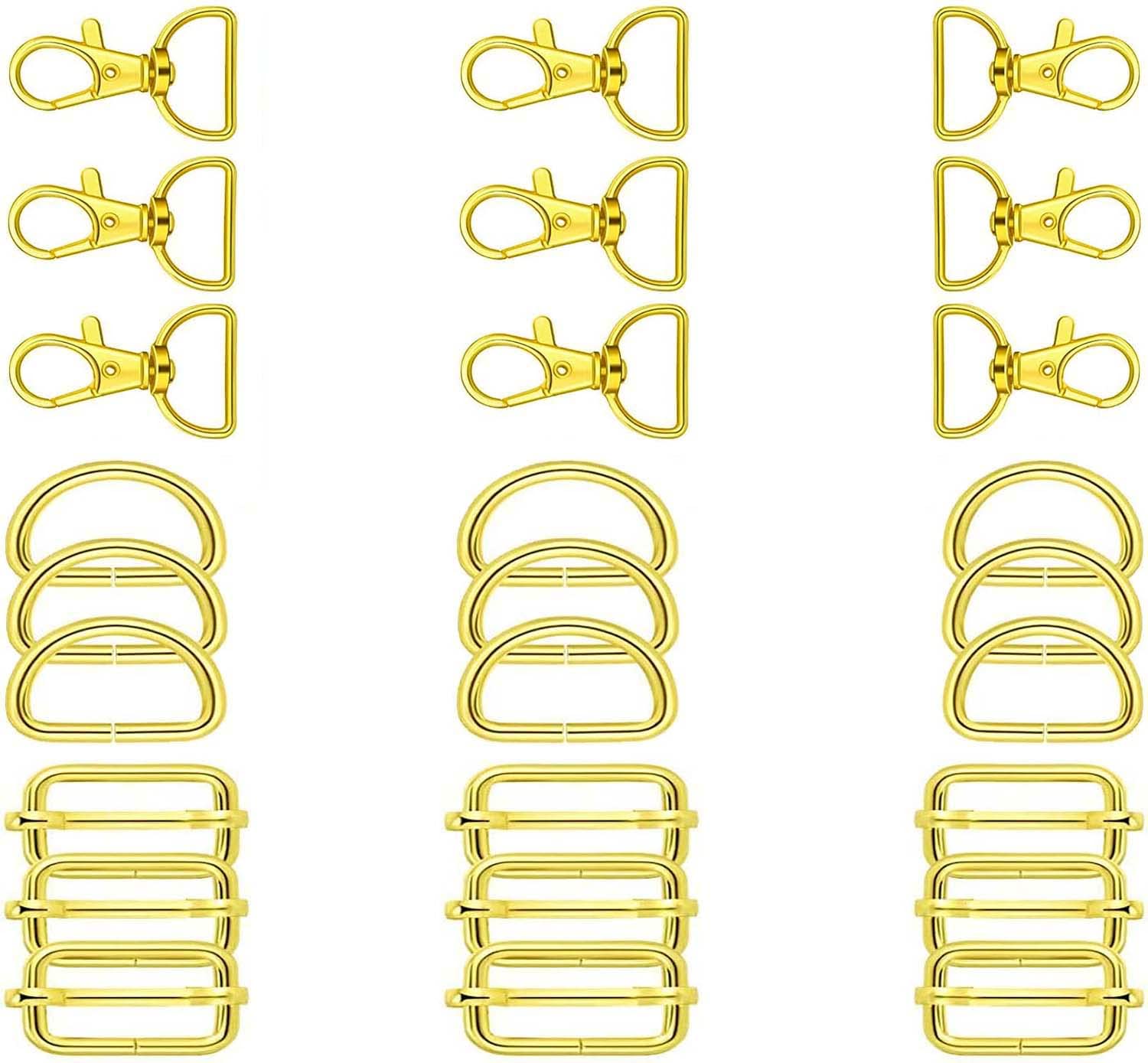 DIY Crafts 3x 3x3, Gold, 1”inch Swivel Snap Hooks, D Ring Slide Buckle Handbag Purse Hardware Fasteners, Strap, Backpack 1 Set Contain = 1x Swivel Snap Hooks, 1x D Ring and 1x Slide Bu(3x 3x3, Gold)