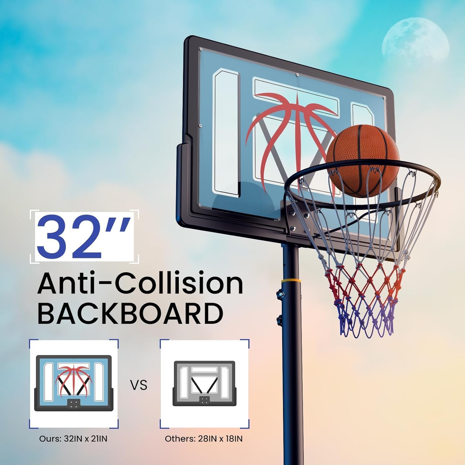 Basketball Hoop Outdoor 4.82-8.53ft Adjustable, Portable Basketball Hoop & Goals with 2 Wheels, 32 Inch PC Backboard/Fillable Base/Size 5 Basketball for Kids, Youth, and Adults in Backyard/Driveway