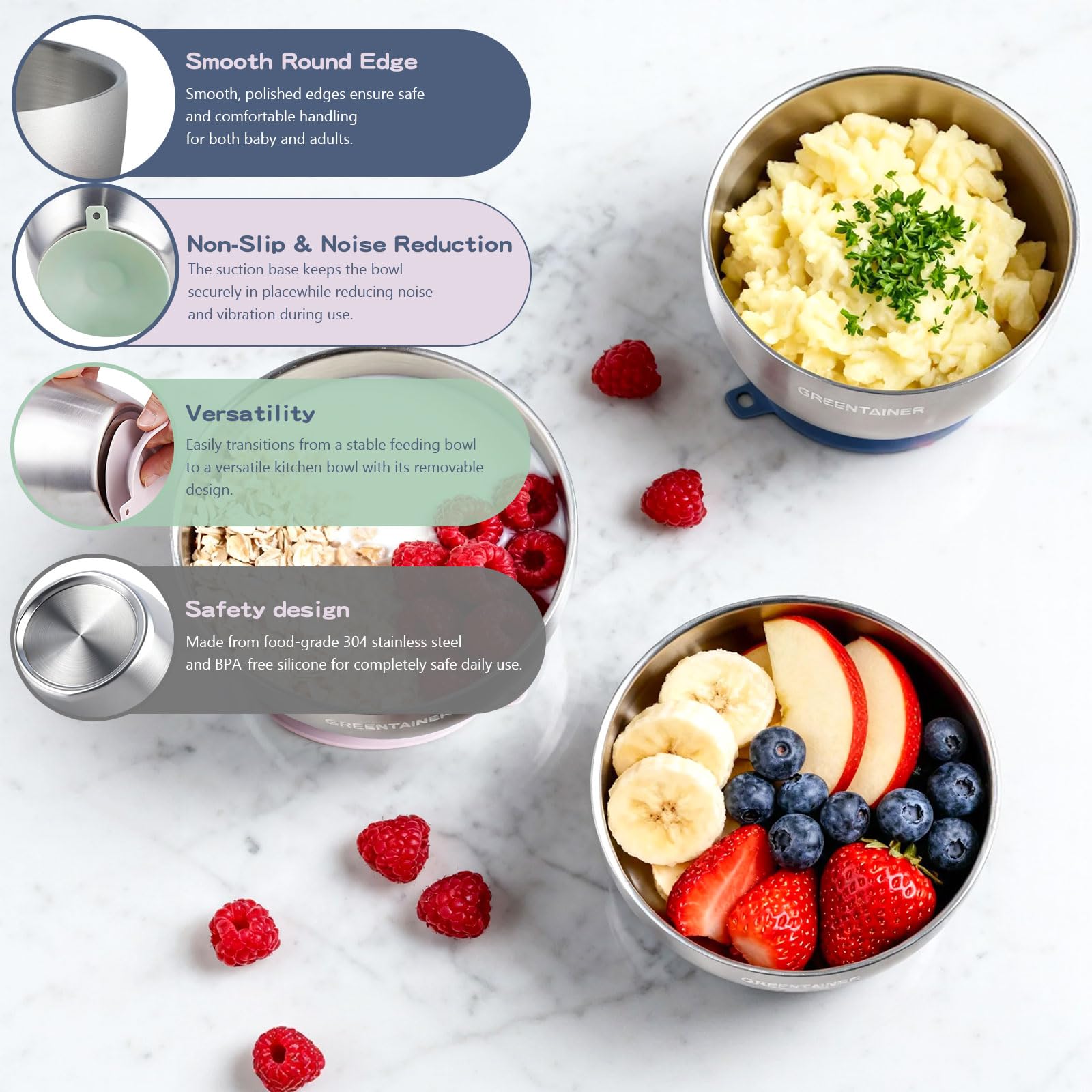 Greentainer 3er Set Edelstahl Baby Schüsseln mit Saugnapf – Breischale für Babybrei & Porridge, Rutschfeste Babyschüsseln,Unzerbrechlich & BPA-frei, Kinderschüssel ab 6 Monaten,Farben mischen