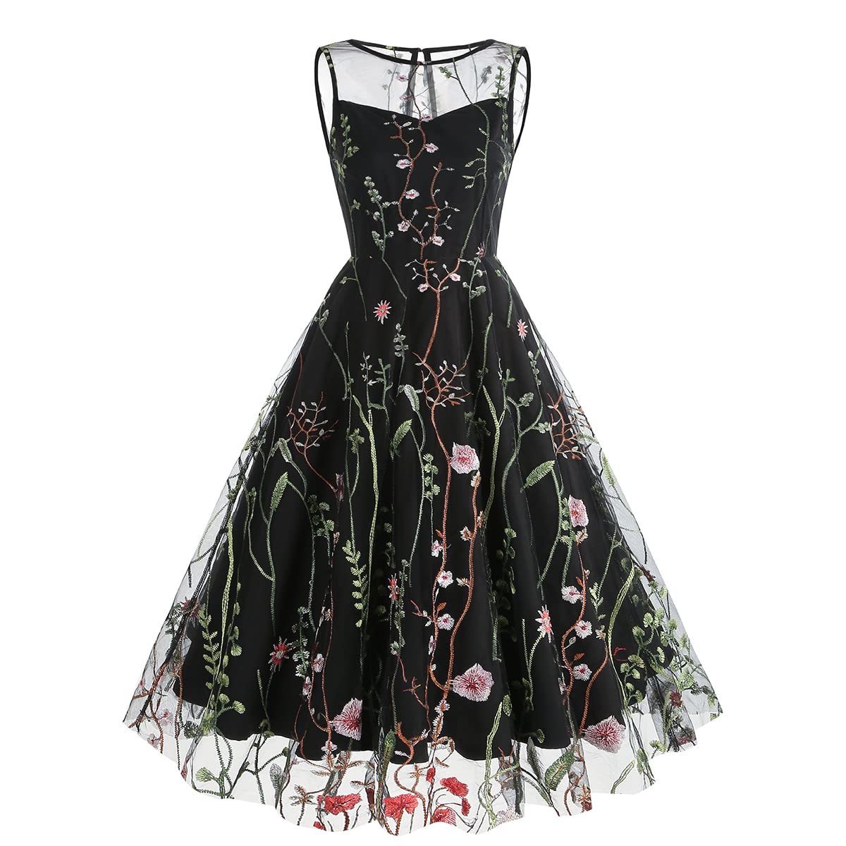 Women Keyhole Floral Embroidery Dress Sheer Mesh Illusion Vintage Cocktail Swing Dress Wedding Party Prom Tulle Evening Dress