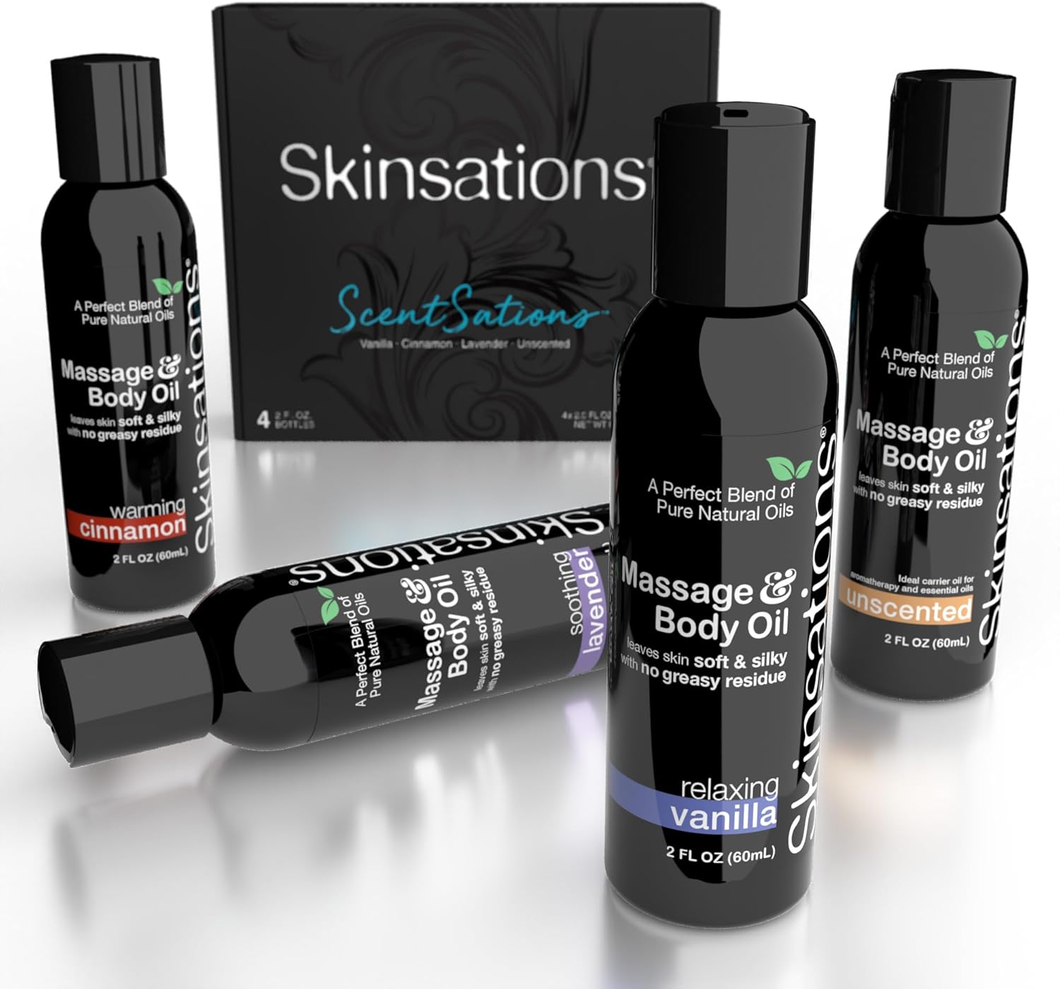 Skinsations - Massage Oil Kit (Set of 4, 2oz Each) – Travel-Size Variety Set with Vanilla, Cinnamon, Lavender & Unscented | Lightweight, Non-Greasy Oils for Relaxation, Gifting & Discovery - Image 9