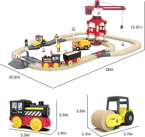 Miniatura 4 de Crossing & Crane Train Set de 58 piezas de construcción de pista de tren de madera para regalo, kits de ferrocarril de juguete para niños pequeños y