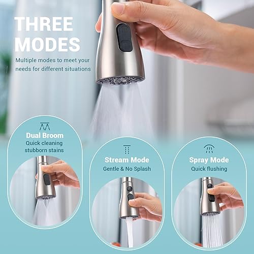 Miniatura 3 de DAYONE Fuacet de cocina con dispensador de jabón de níquel cepillado, 3 modos de acero inoxidable para fregadero de cocina de 12 agujeros, grifo de