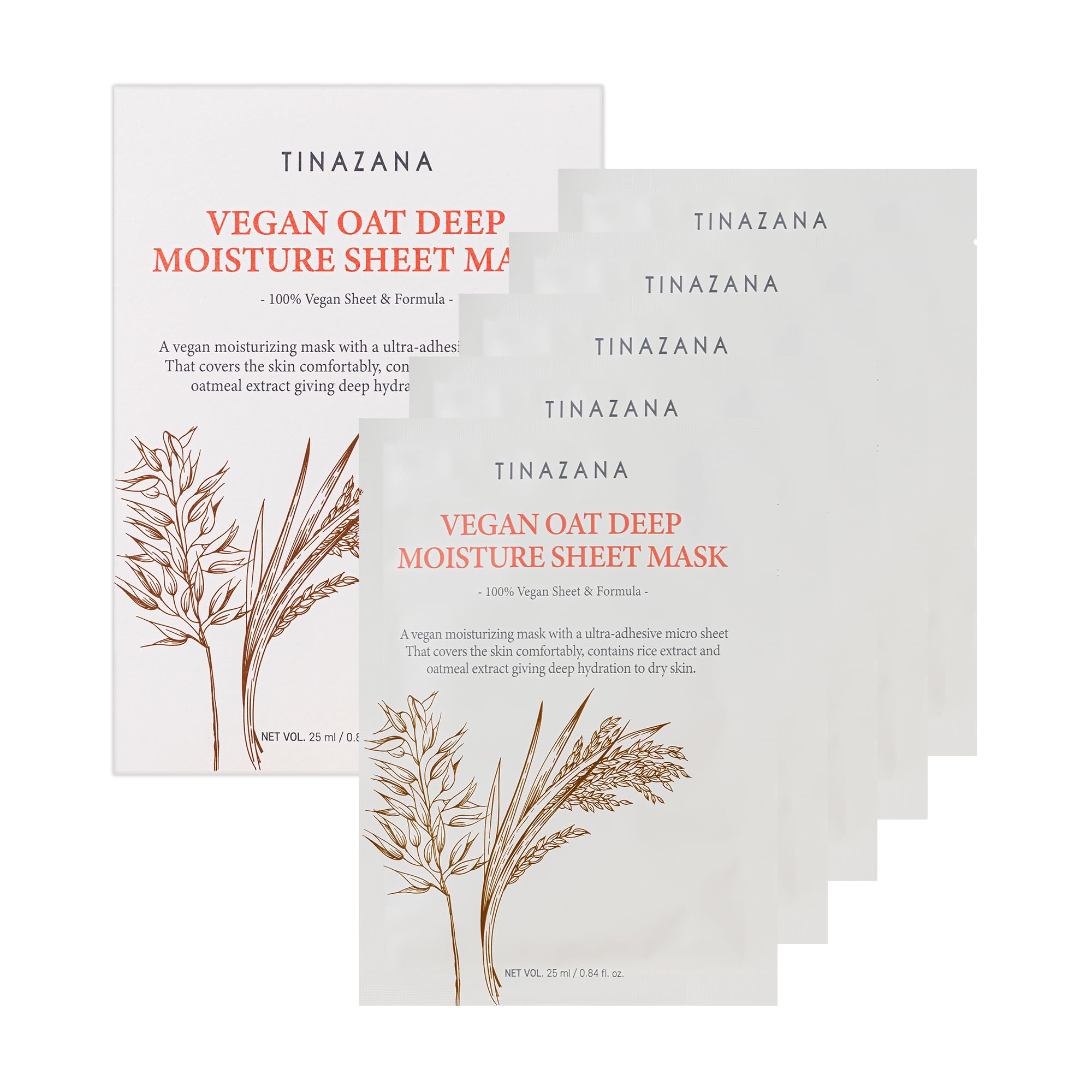 TINAZANA Vegan Oat Deep Moisture Sheet Mask, pH Balanced with Rice & Oat Extracts, Hyaluronic Acid, Plant-Based Microfiber, 5 Sheets