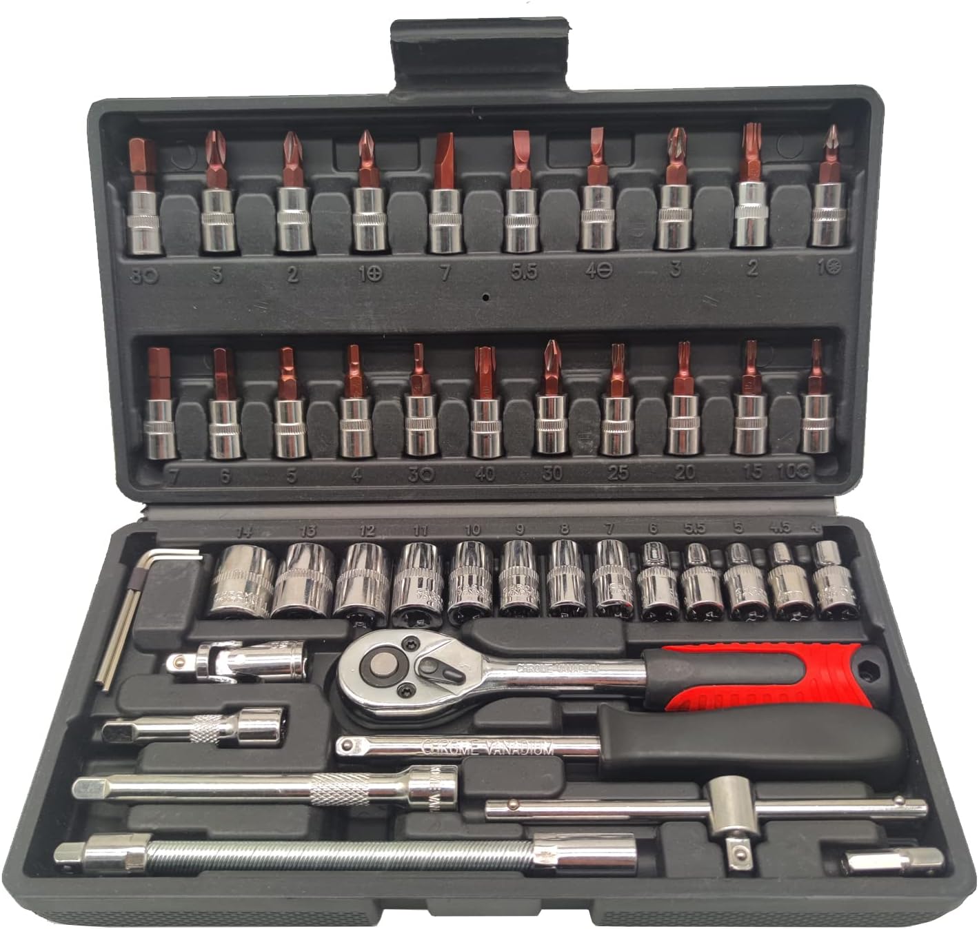 Socket Wrench Set, Set of 46, Ratchet Wrench, 1/4 inch (6.35 mm) Insertion Angle, Hex Socket, Quick Release Ratchet Handle, Car Tool (Case Included)