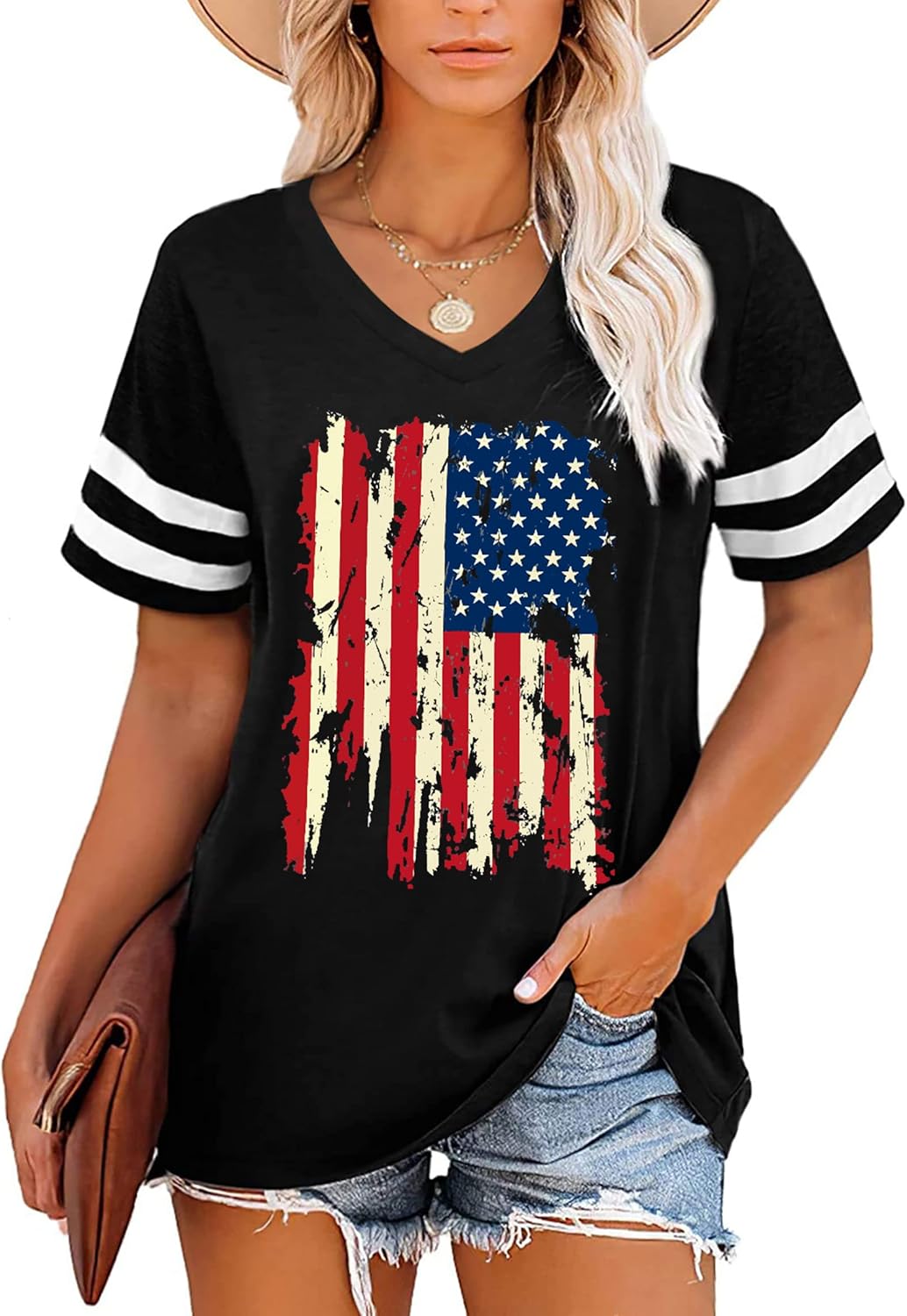 American Flag Shirts Women Patriotic Shirt 4th of July Tee Tops V-Neck Short Sleeve Summer T-Shirt - Image 2