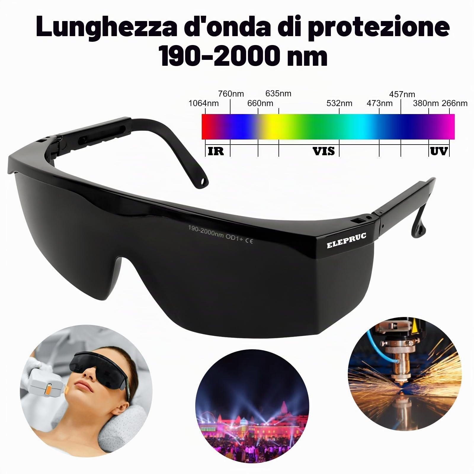 Occhiali di Protezione Laser IPL 190nm-2200nm, ELEPRUC Occhiali Luce Pulsata, Occhiali Protettivi per Operatore Cosmetologia, Depilazione Laser, Terapia della Luce Rossa