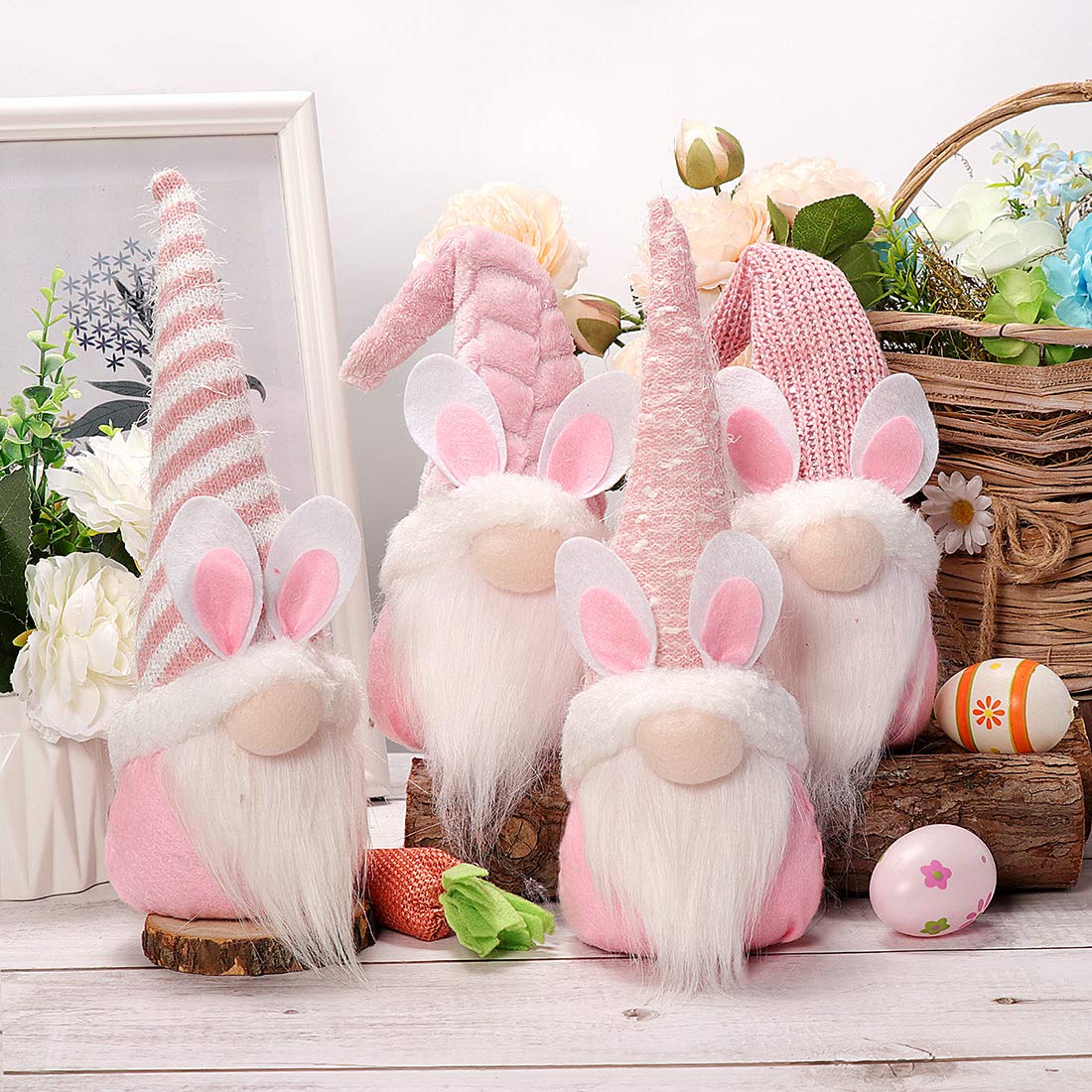 GMOEGEFT Easter Bunny Gnome Set of 4 Swedish Tomte Elf Plush Pink Rabbit Figurine Spring Home Decoration Ornaments