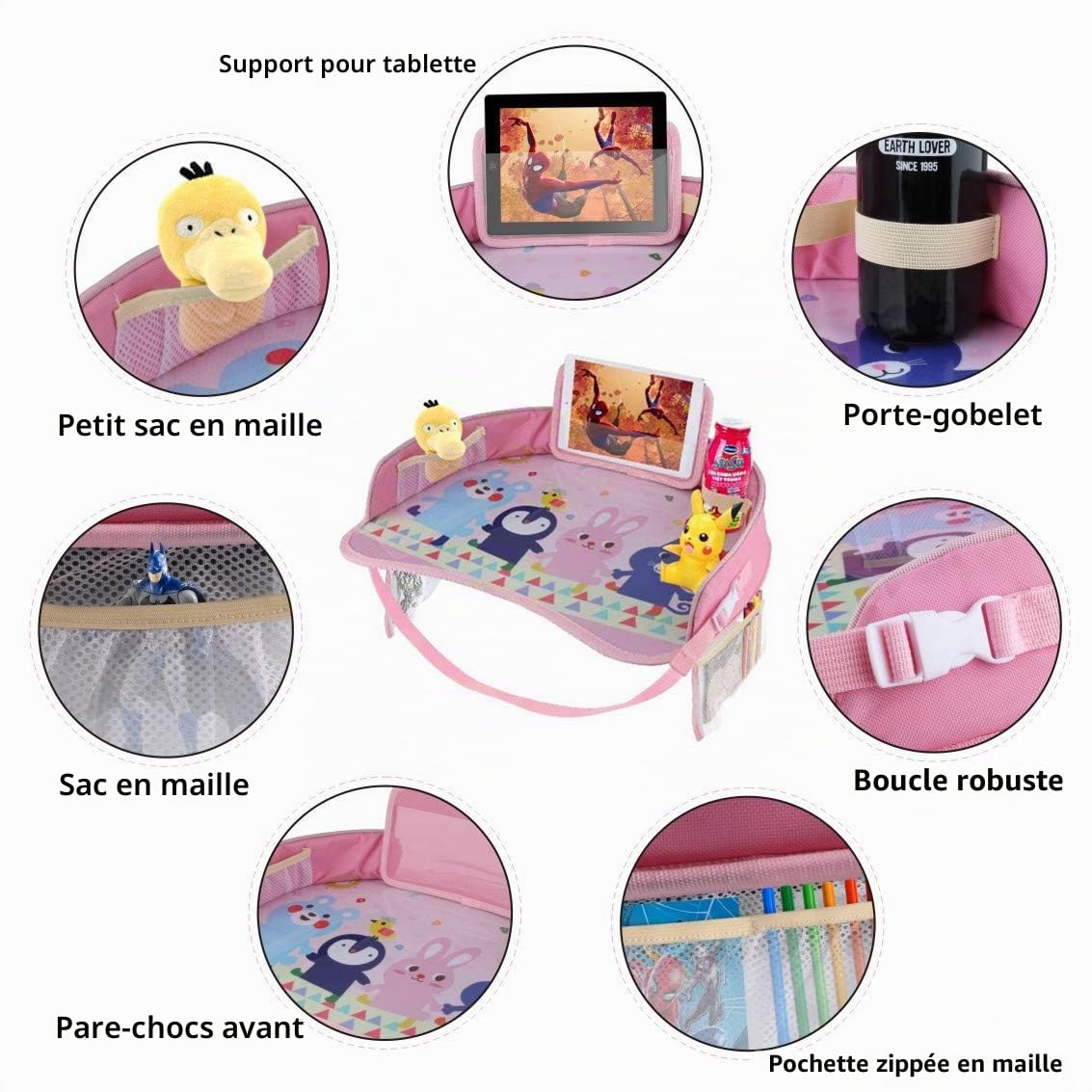 Plateau de Voyage pour Enfants et Tout-Petits - Siège de Travail pour Activité et Rangement - Organisateur avec Porte-Téléphone Étanche et Pliable (Rose)