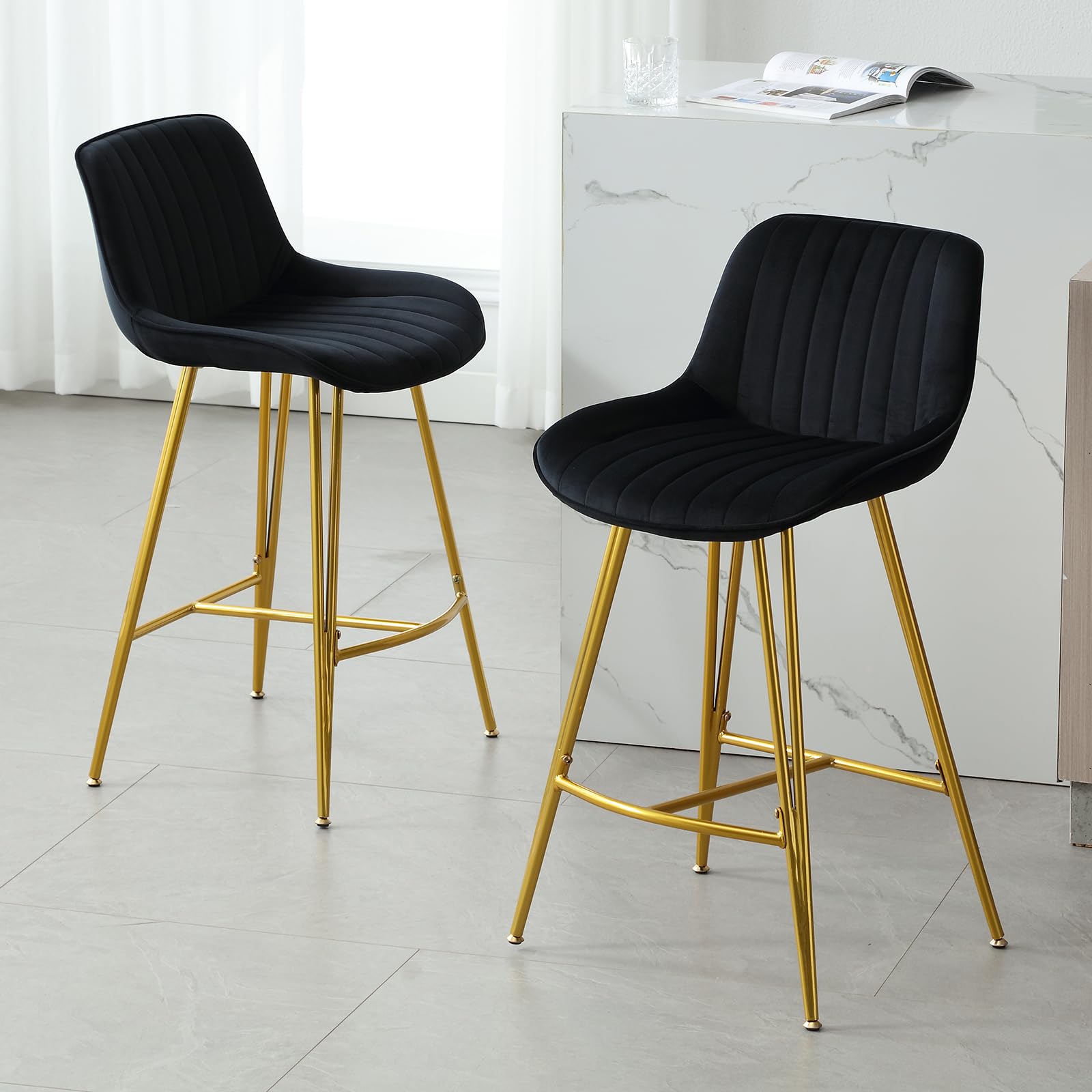 chairus Juego de 2 taburetes de bar de terciopelo sin brazos, para cocina, desayuno, comedor, con respaldo, taburetes de altura de mostrador con patas de metal dorado (negro-2)