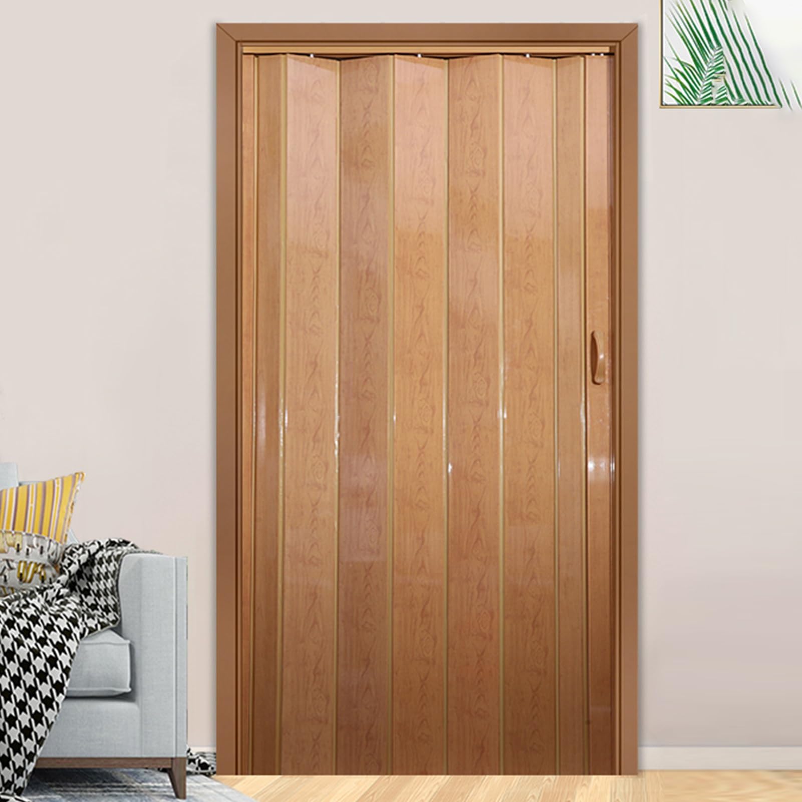 Tonuuoei Glossy PVC Accordion Doors Interior, 70 80 90 100 120 150 Custom Size Folding Door, Magnetic Concertina Door with Hardware and Simple Installation(Maple,30x80in (76x203cm))
