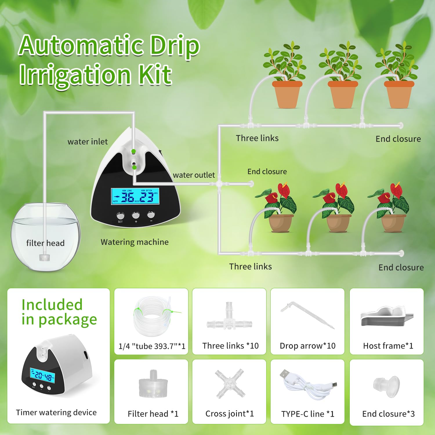 Irrigatore automatico per piante da interni, sistema di irrigazione a goccia con display a LED, pompa autoadescante e 10 emettitori di gocciolamento