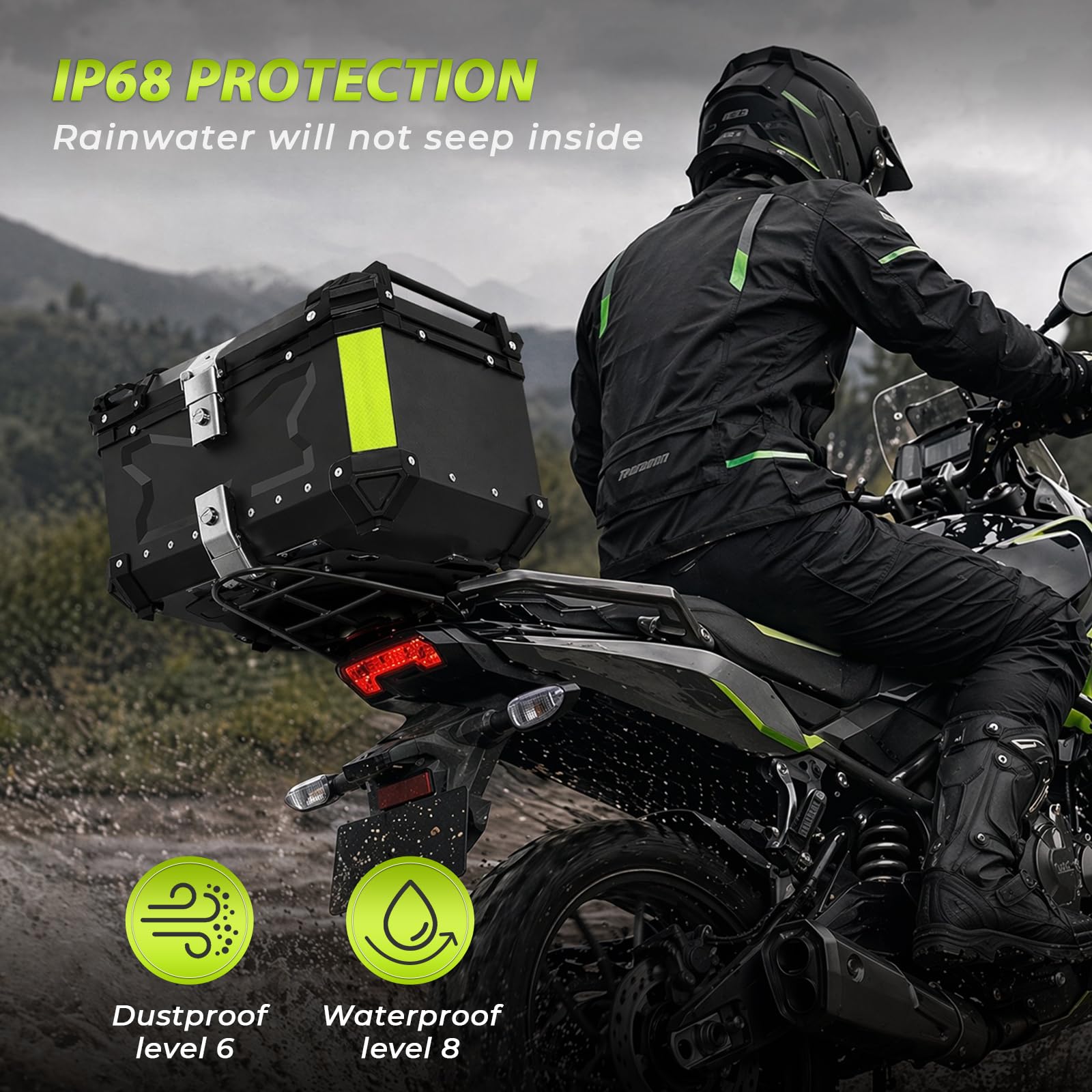 Baúl para motocicleta de aluminio, 65 L, color negro, gran maletín, universal con placa de montaje, acolchado trasero y forro interior, caja superior impermeable con candado para viajes y