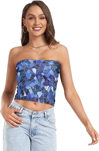 Irregular Polygon Design Electric Blue Crop Tops for Women with Mesh Bandeau Tops for Summer Gym S