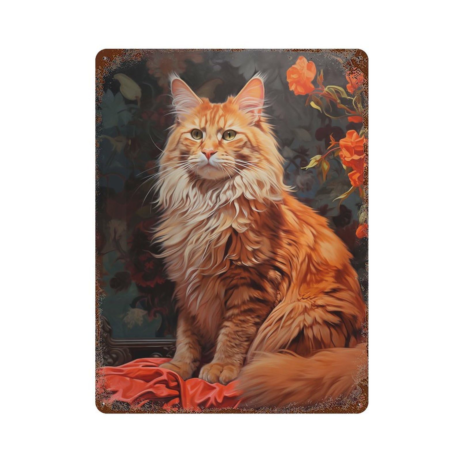 Red Tabby Maine Coon Cat Weathered Tin Sign 15.7"x11.8", Vintage Wall Decor for Garage, Pub Or Kitchen
