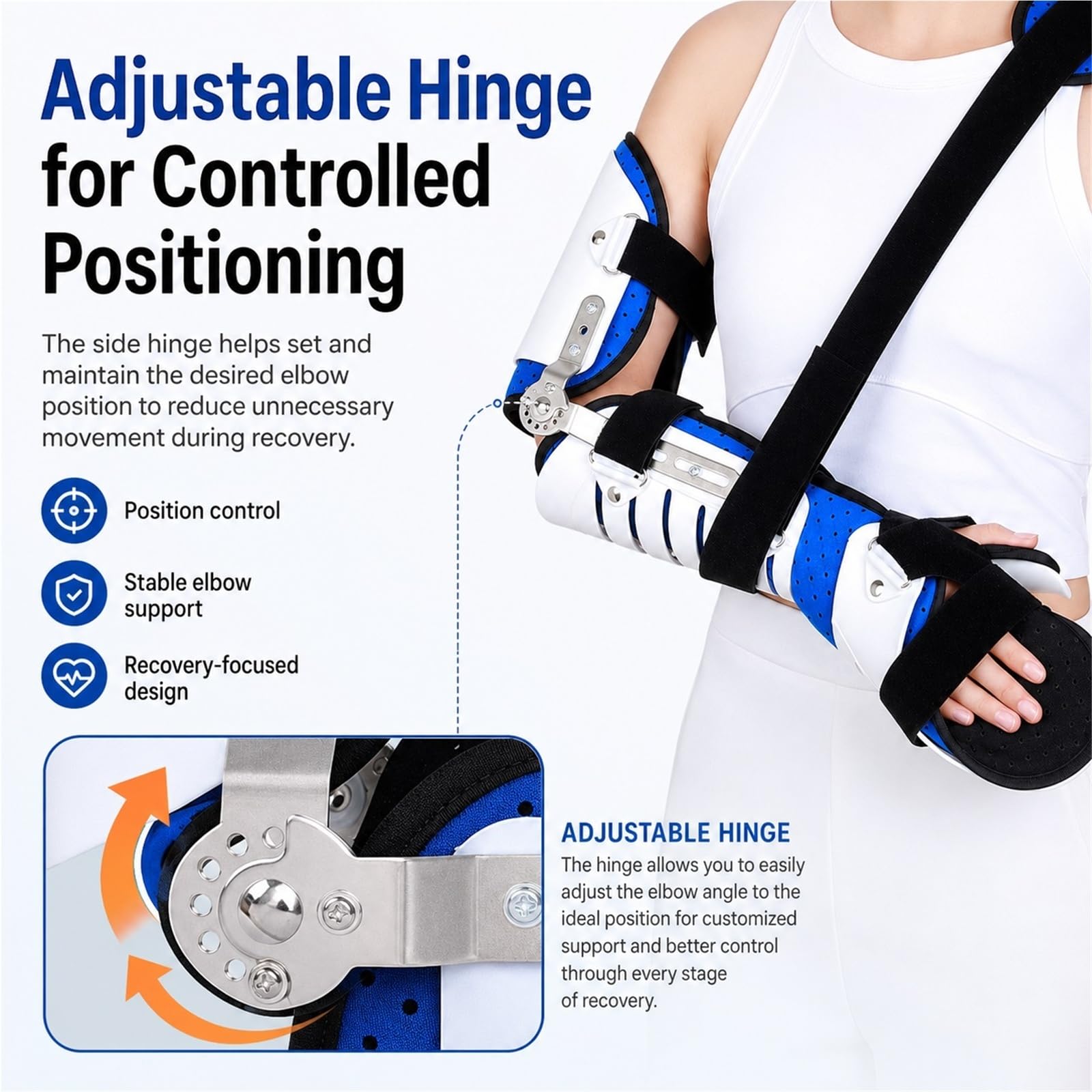 Cabestrillo Inmovilizador de Codo Ajustable con Bisagra ROM y Estabilizador de Hombro Ferula para Fracturas Recuperacion Postoperatoria Lesiones Ligamentos Adulto(Bien)