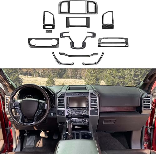 CheroCar Kit de decoración interior de fibra de carbono, 11 piezas para Ford F150 2015-2020, marco de botón de dirección, cubierta de salpicadero,