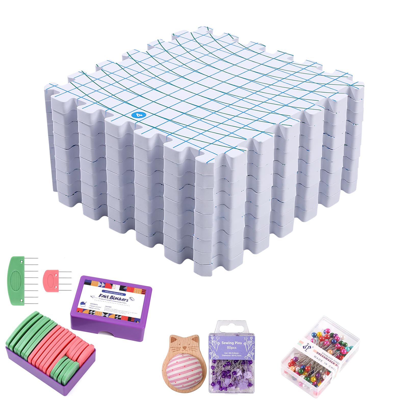 Zephviora Juego de 9 Alfombra de Bloqueo para Ganchillo, Esteras Tensoras con Rejilla, con Knit Blockers Box, Porta Agujas y 180 Agujas Moldeadoras, para Ganchillo, Encaje, Bordado con Aguja