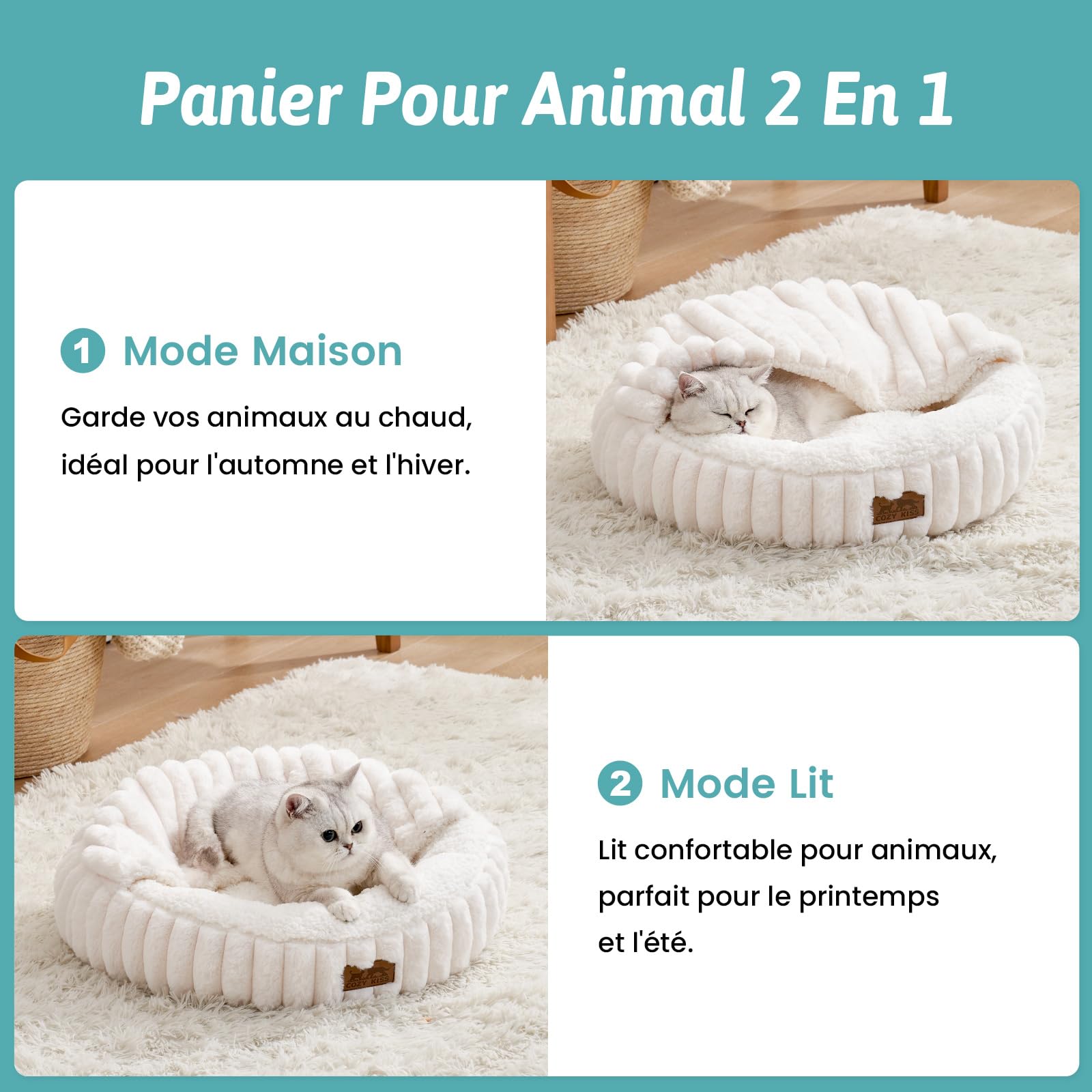 COZY KISS Lit pour Chat avec Couverture 50x50x15cm - Panier Lavable Chat d’Intérieur, Coussin-Canapé Rond à Fond Antidérapant, Coussin Douillet et Apaisant avec Repose-Tête en Fausse Fourrure, Crème