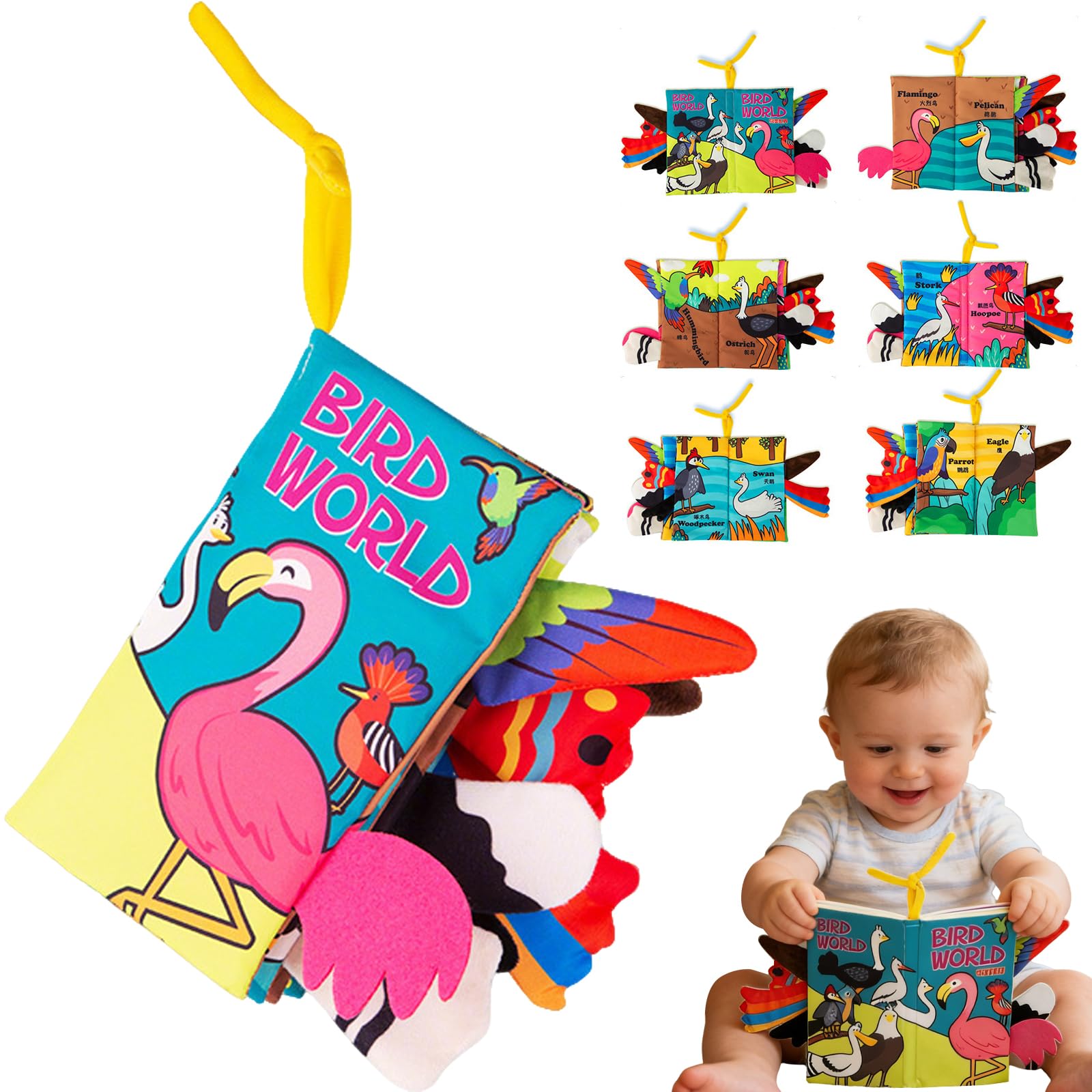 Birds Tails Soft Cloth Book for Babies 0-12 Months Sensory Toys for High Contrast Touch Feel Activity Book with Crinkle Paper Infant Tummy Time Toy - Image 3
