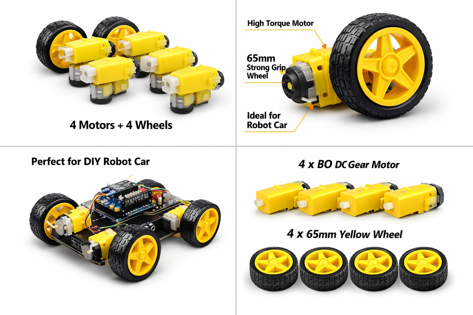 BO DC Gear Motor with 65mm Yellow Wheel Set (4 Motors + 4 Wheels) for Smart Robot Car, Arduino, DIY Robotics Projects 1