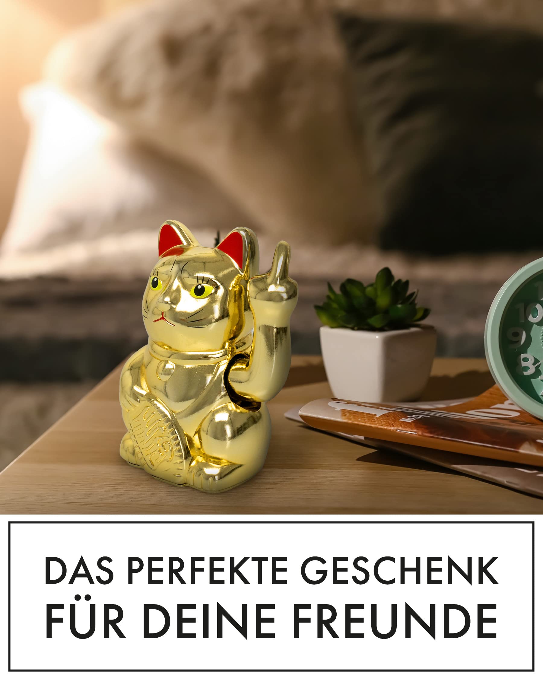 ANGRY CAT - Gato de guiño Lucky Cat - Gato Divertido Que Llama - Gato japonés - Artículo Decorativo de Gato - Brazo de ángulo - 15 cm - Oro
