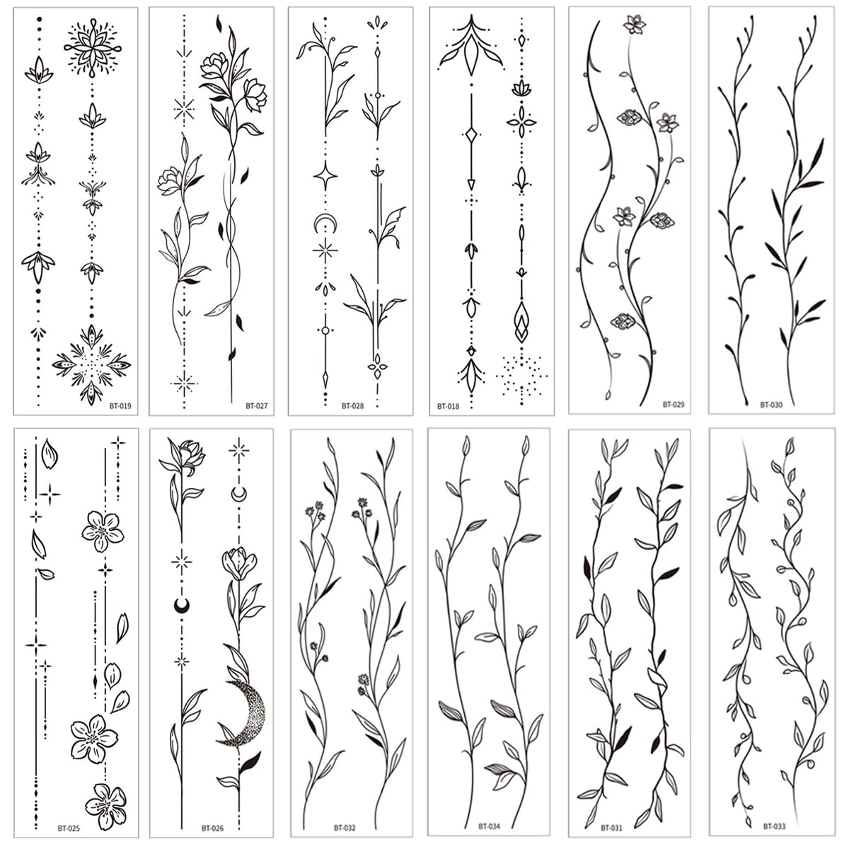 Simple Vines Line Temporary Tattoos For Women Girls-12 Sheet Branch Flower Leaf Wild Plant Sketch Realistic Black Long-lasting Waterproof Tattoo Sticker for Arm Collarbone Leg Backbone Body Art Q1090 Simple line Stripes Tattoo-Q1090