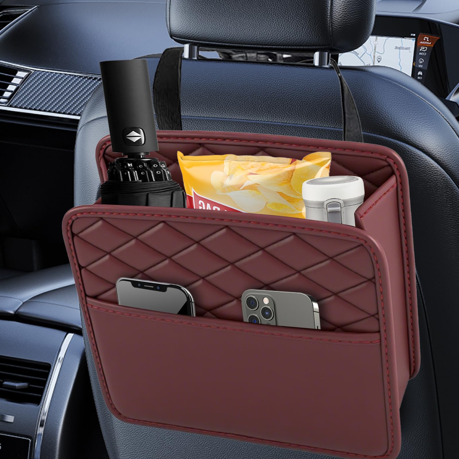 Car Back Seat Organizer,Pu Leather Seat Storage Bag,Hanging Car Tidy